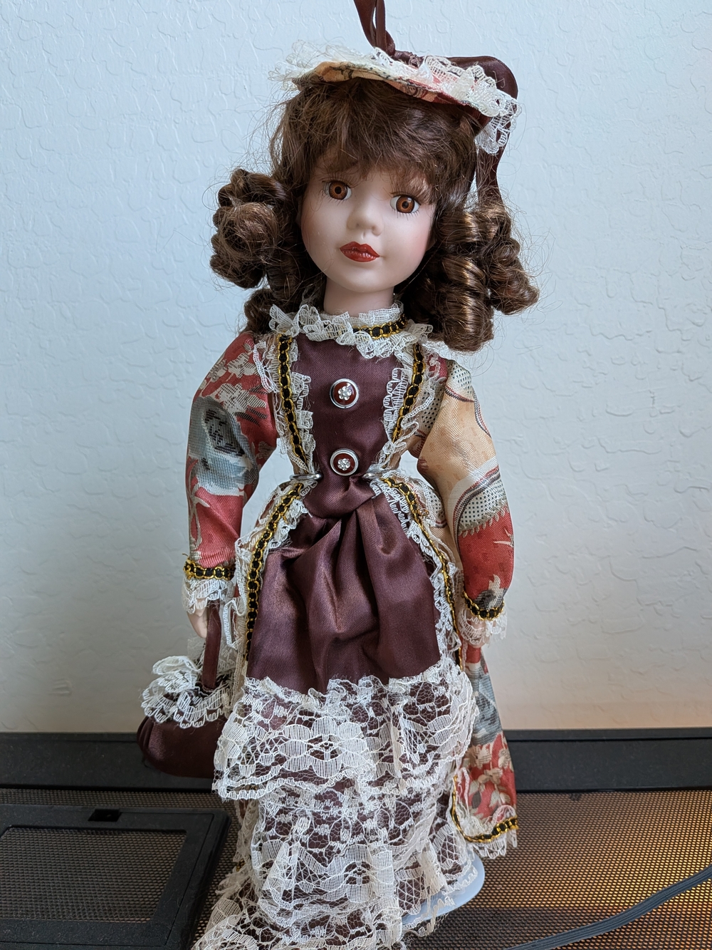 Vintage Porcelain Doll “Rose A-5000” 16” Brunette Curly Hair Victorian Dress